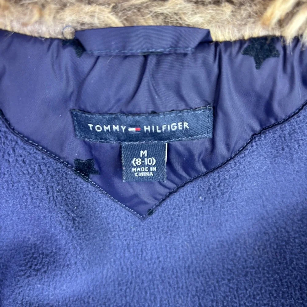 Tommy Hilfiger Puffer Jacket Girls M 8-10 Navy Blue Star Down Feather Faux Fur